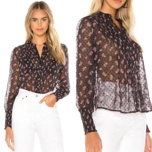 Free People Flowers in December Black Floral Sheer Swiss Dot Top. Size M - Picture 1 of 8